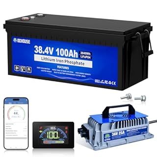 DC HOUSE Upgraded 36V 100Ah Lithium Golf Cart Battery w/Switch, 200A BMS Lifepo4 Battery with 36V 25A Charger, Bluetooth & LCD Monitor, Peak Current 670A,for Trolling Motors,Marine
