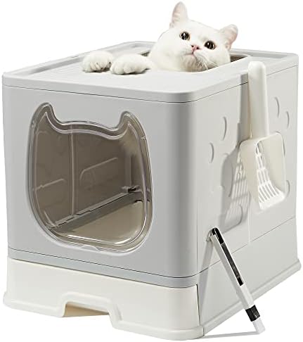 Pawsayes Cat Litter Tray Litter box with Lid for Medium and Small Cats, Foldable Top Entry Kitten Litter Box with Drawer Pan and Scoop