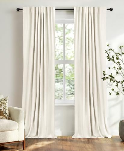 Image of Faux Linen Total Blackout Curtains for Bedroom 84 Inches Long, Beige White | 100% Blackout Shield, Back Tab /Rod Pocket Living Room Drapes, Thermal Insulated Blackout Curtains 2 Panels Set, 50 inchW x 84 inchL