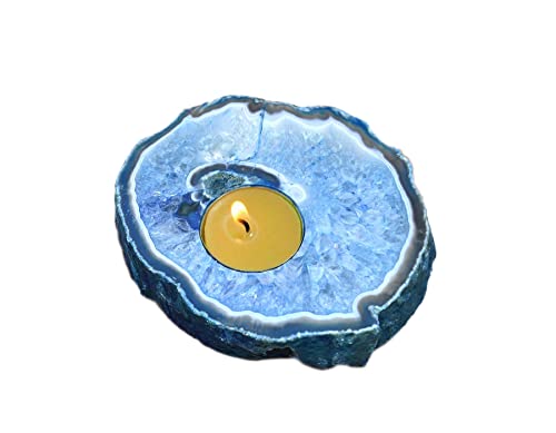 Amoystone Natural Dyed Blue Agate Stone Tealight Candle Holder Handcrafted For Home Decor Healing Reiki, Irregular 0.6-1 Lbs #TOP20
