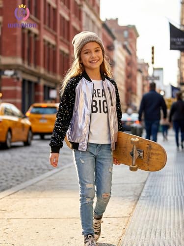 Image of WELAKEN Girls Sequin Sparkle Zip Bomber Jacket | Sequin sleeves, shiny bomber style, ribbed trim, smooth zipper and side pockets for party, dance, school and photos