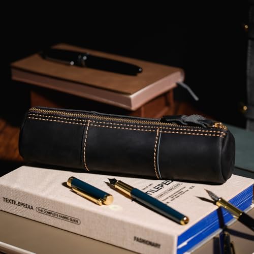 Image of ECHSRT Genuine Leather Pencil Pouch, Slim Cylinder Vintage Pen Bag, Black | Full-Grain Cowhide Leather, Crazy Horse Finish, Slim Cylinder, Single Zipper, Vintage Pen Organizer for Adults
