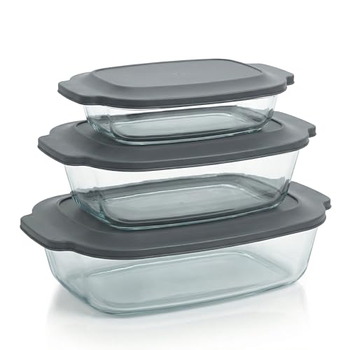 Arendo – Auflaufformen mit Deckel - 3er Set – aus Glas - Borosilikatglas – rechteckige Glasauflaufformen – hitzebeständig – Ofenfest Mikrowellengeeignet - spülmaschinengeeignet – klein bis groß