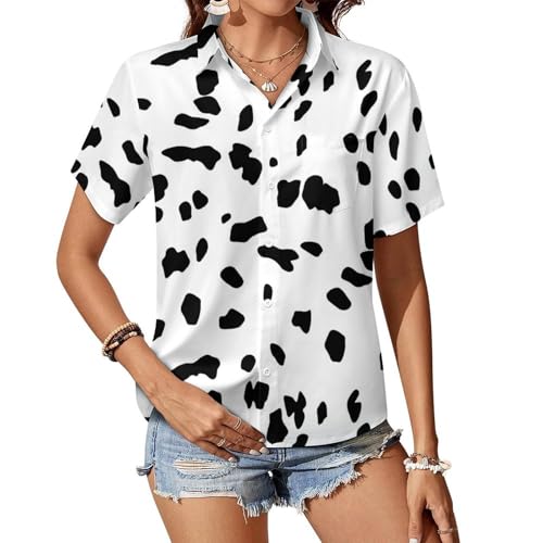 Dalmatian Dog Print Womens Button Down Blouse Short Sleeve Shirt Casual Tops with Pocket