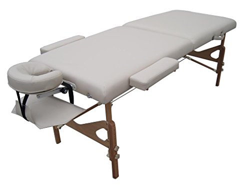 MASSUNDA MONTANA - Massageliege klappbar und höhenverstellbar, mobiler Massagetisch aus Vollholz mit Flanellbezug, Armschlaufe, Nackenkissen, ergonomische Kopfstütze (Créme)