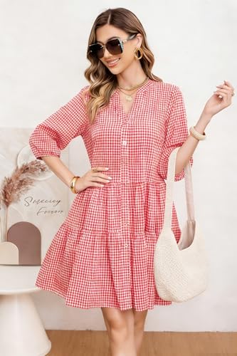 Image of utcoco Women's 2026 Spring Summer Plaid Shirt Dress 3 /4 Puff Sleeve Button Down Loose Casual Midi Dress with Pockets