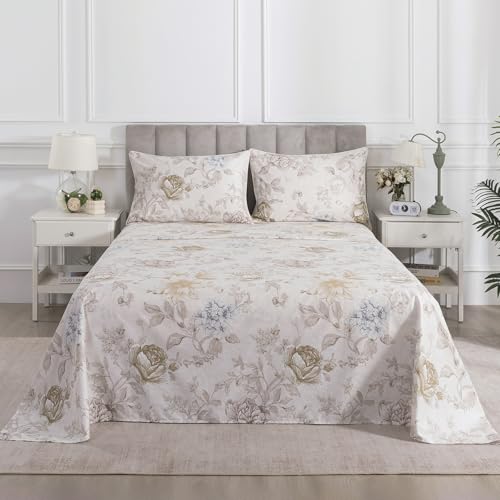 Image of 100% Cotton Percale Beige Floral King Size Sheets Set, Deep Pocket | Soft Crisp Vintage Farmhouse Flower Print Bed Sheets, Neutral Toile Bedding, Shabby Chic, Cottagecore, Botanical Garden, 4Pcs