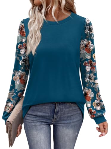 Long Sleeve Shirts for Women Fall Fashion Tops Trendy Casual Floral Teal L | Winter clothing 2026, dressy tops, puff sleeve, round neck, fall essentials, lightweight, juniors - image 1