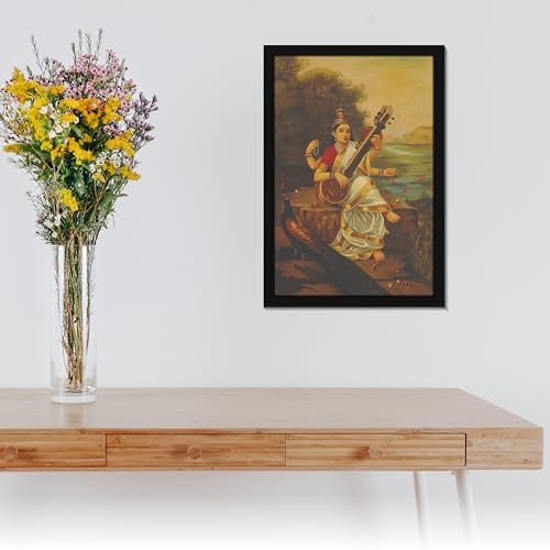 Image of Mad Masters Mata Saraswati Devi Goddess of Knowledge Painting Photo Frame for Living Room, Bedroom, Home Decor and Wall Decoration (MM 1630, 30.5L x 20.3W cm, Canvas, With Plexi Glass)