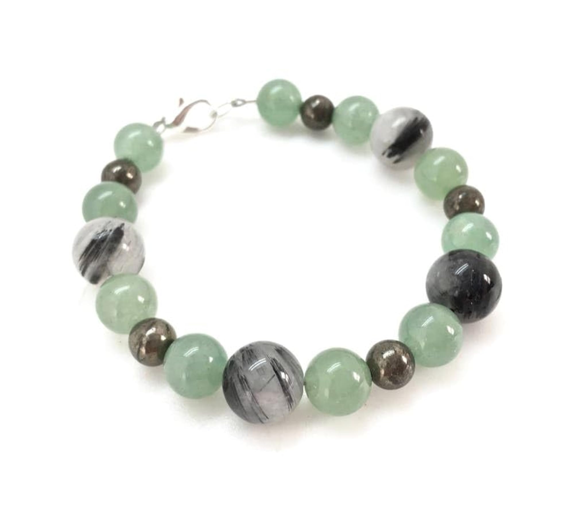 Tourmaline Quartz, Pyrite & Green Aventurine Bracelet with Silver Plated Clasp