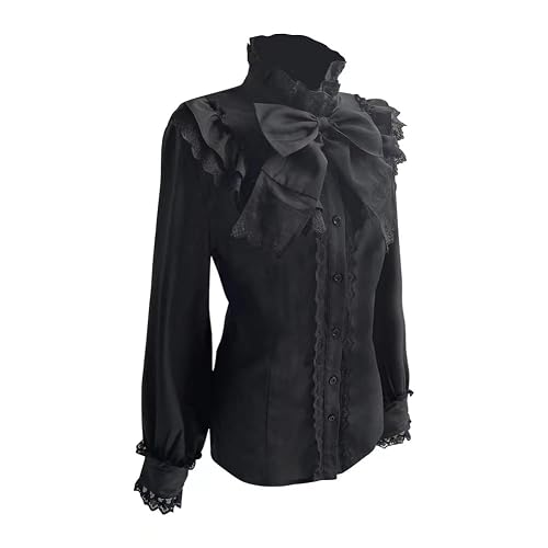 COMBACK Victorian Blouse Women’s Gothic Lolita Renaissance Shirt Vintage Long Sleeve Lotus Ruffle - X-Large - Black