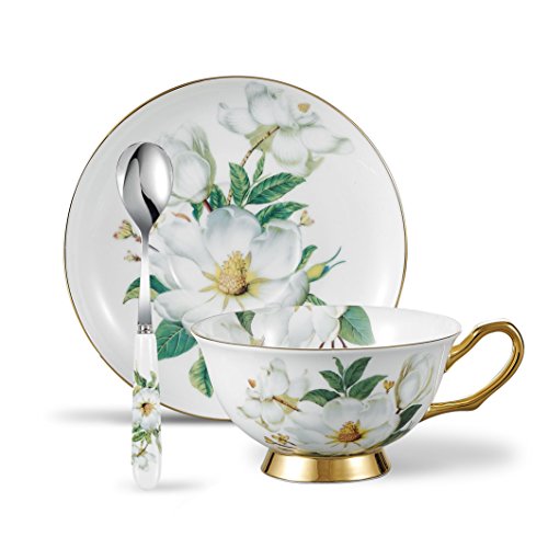 Panbado 3 Piece Bone China Cup and Saucer Set with Spoon, Vintage Porcelain Coffee Cup Set, 200 ml/6.8 oz, Camellia