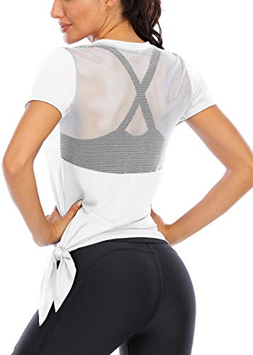 Fihapyli Women's Workout Tops Short Sleeve Mesh Back Side Tie Workout Tank Tops for Women Backless Yoga Tops for Womens Pilates Tank Tops Muscle Running Tank Open Back Sports Tank Tops White L