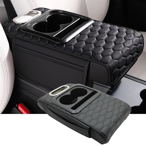 Priprilod Car Center Console Armrest Pillow, Leather Memory Foam Car Armrest Cushion with Cup Holder & Phone Holder, Universal Armrest Storage Box Protector for Most Vehicles, Car Accessories (Black)