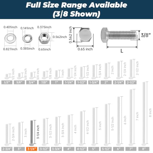 Image of 6 Sets Glvaner 3 /8-16 x 3-1 /4 inch Stainless Steel Hex Head Screws Bolts, Nuts, Flat & Lock Washers, 18-8 (304) Stainless Steel, Full Thread, Coarse Thread
