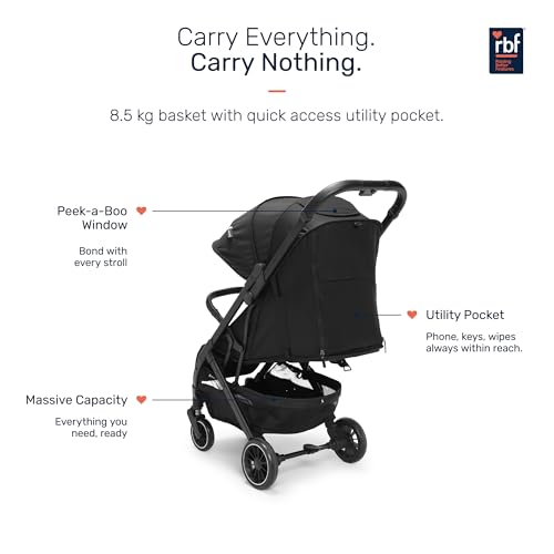 Image of Growgether VELOX Stroller for Baby 0-3 Years (Up to 22 Kg), Travel Ready Size 5 Point Safety Harness, Full Recline, Extended UPF 50+ Canopy, 360 Swivel Wheels, Compact One Click Fold, Mosquito Net, 1 Yr Warranty, Black