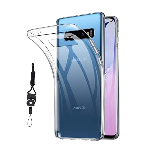 Galaxy S10 SC-03L / SCV41 用のケース カバー クリア 全透明 対応 TPU 耐衝撃 指紋防止 薄型 軽量 黄変防止 ストラップホール付属 ネックストラップ付 Qi充電対応 Galaxy S10