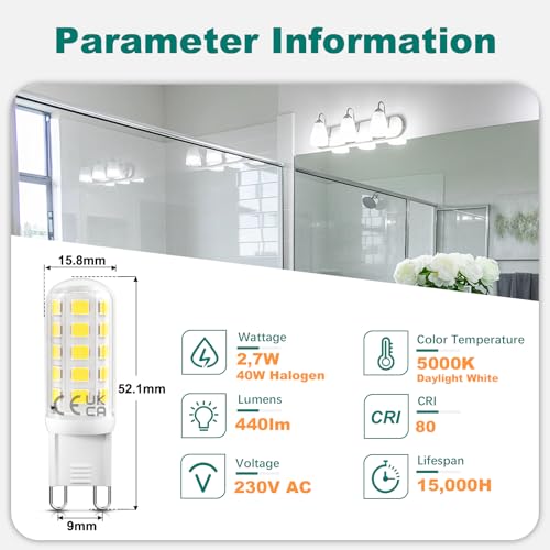 DiCUNO G9 LED Bulbs Dimmable Daylight White 5000K, 2.7W 440LM Energy Saving G9 LED Light Bulbs, 40W Halogen Equivalent, Class C Lamps Home Lighting Decor, Non-Flickering, 6 Pcs