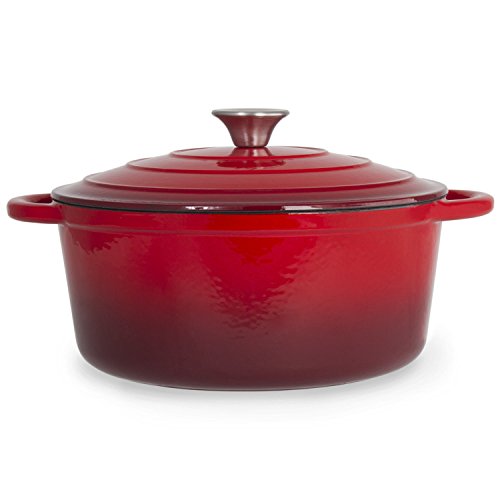 Imperial Home Cast Iron Enameled Dutch Oven Pot with Lid 5 qt, Sauce Pan, Pasta Server, Stove Top Pot, Dish for Sourdough Bread, Slow Cooking Chicken, Soup & More, Kitchen Cookware - Red