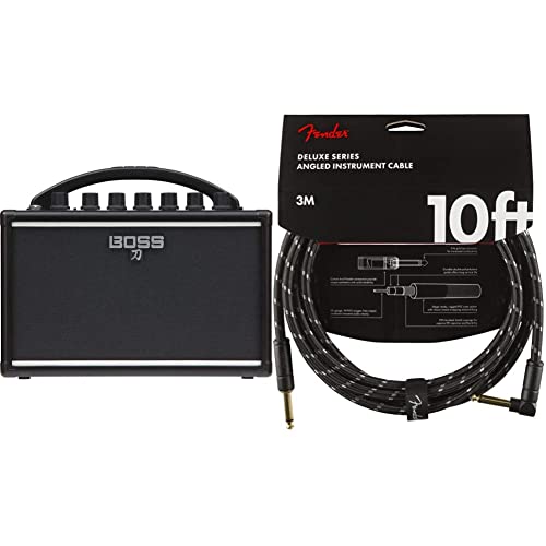 BOSS Ktn-Mini Katana Portable Guitar Amplifier, A Compact, Go-Anywhere Amp That Runs On Batteries - Rich, Full Sound & Fender 990820090 Deluxe Series Instrument Cable - 10 ft – STR/ANG – Black Tweed