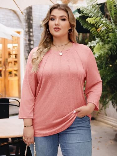 Image of Chulianyouhuo Womens Plus Size Tops 3 /4 Sleeve Casual T Shirts | Crew Neck, Pleated Blouse Tee, Dressy Casual Shirts, Loose Fit Tunic Tops, Soft Fabric, Going Out Outfits