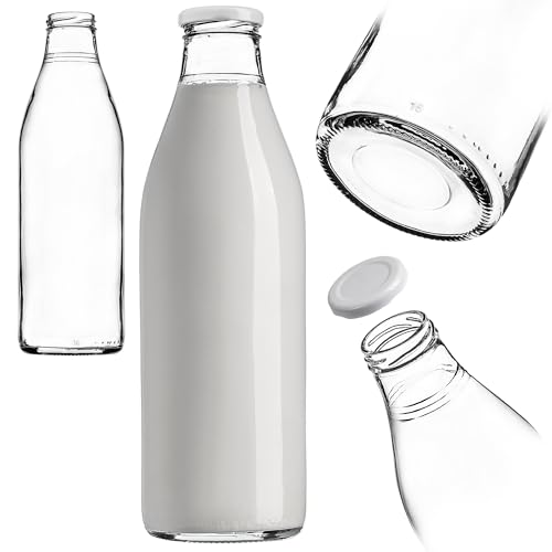 KADAX Botellas de leche de 1 litro con tapa, botellas de cristal de 1 litro con tapón de rosca, botellas vacías para llenar con leche, botella de boca ancha (1 unidad)