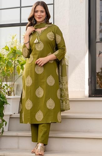 Image of rytras Women Woman Pure Cotton Straight Kurta Sets with Palazzos Pants & Dupatta|Kurti Set for Woman|Suit Set for Women Cotton