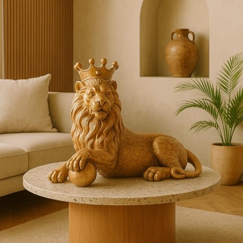 Image of Xtore Regal Gold Lion Figurine with Crown | Royal Decorative Statue | Handcrafted Resin Art | Luxury Home Accent -(Pack of 1, Golden)