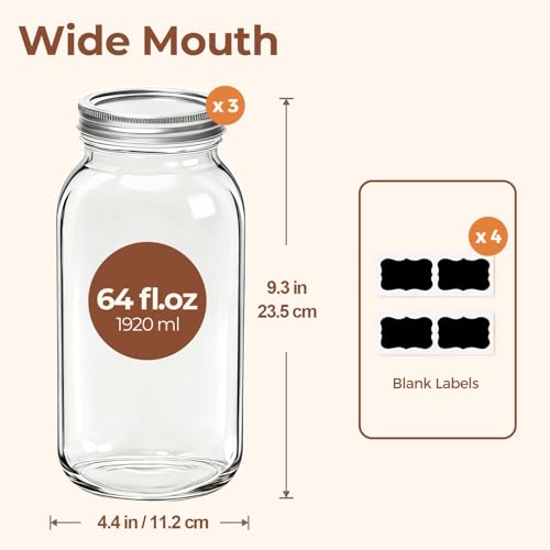 Image of ComSaf Half Gallon Mason Jar 64oz 3Pcs, Wide Mouth Mason Jars with Lids and Seal Bands, Large Glass Canning Jars for Suntea, Pickling, Sourdough, Fermentation, Salad, Meal Prep, Food Pantry Storage
