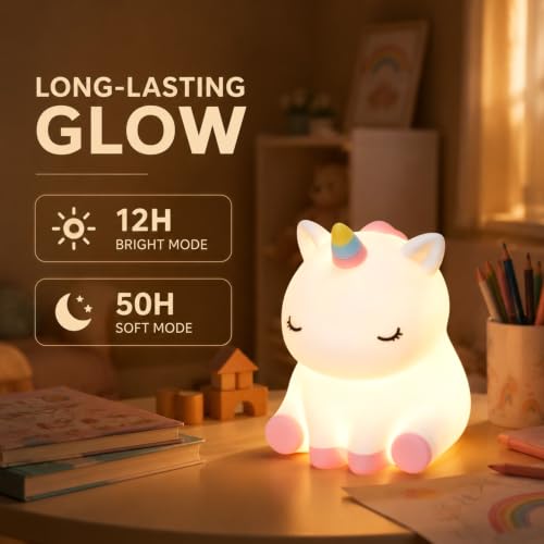 Image of Rytinazzz Unicorn Night Light for Kids, Rechargeable Silicone Unicorn Lamp with Tap Control, 30-Min Auto-Off Timer, Soft Dimmable Nursery Bedside Light, Gifts for Girls
