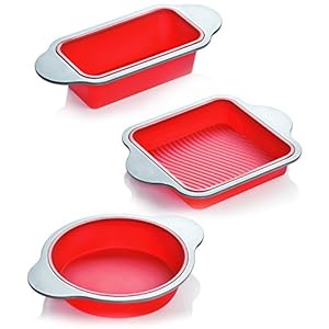 Boxiki Kitchen Silicone Baking Pans Set. 3 PCS Professional Silicone Non-Stick Baking Cake Pans Set Includes Silicone Round Cake Pan, Square Cake Pan and Bread Loaf Pan.