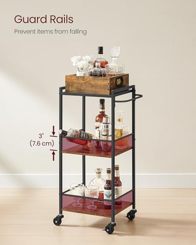 VASAGLE Kitchen Serving Cart with Removable Tray, 3-Tier Kitchen Utility Cart on Wheels with Storage, with Brakes, Levelling Feet, 30 x 34.7 x 86 cm, Rustic Brown and Black LRC062B01