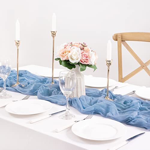 Image of MLMC 12 Pack Dusty Blue Table Runner 10ft Boho Gauze Cheesecloth Table Runner 35x120 Inches Rustic Cheese Cloth Centerpiece for Wedding Bridal Shower Baby Shower Party Decor