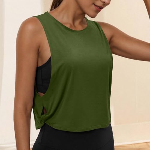 Women's Sleeveless Workout Vest Tops - Solid Tank Top with Side Hollowed Out, Breathable Round Neck Fitness Shirts Army Green - 1