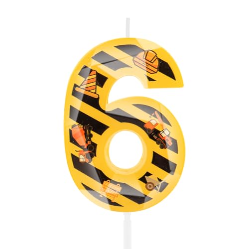 Hongplus 3D Construction Birthday Candles for Cake, Yellow and White Stripes Candle, Number 6 Candle Happy Birthday Cake Topper for Boys Construction Birthday Party Decorations Supplies Favors Gifts