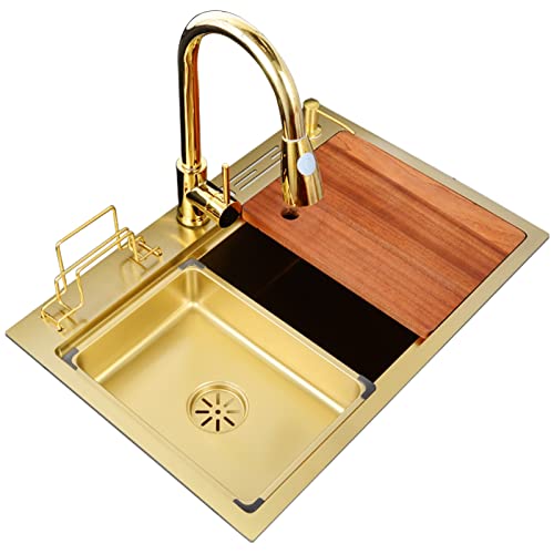 304 Stainless Steel Bar Prep Sink Household Gold Single Bowl Square Kitchen Sink With Pull-out Faucet(Gold 75x46x22cm) (Gold 68x