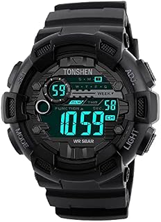 TONSHEN Men's Digital LED Sport Watch 164FT 50M Waterproof Outdoor Military 12H/24H Time Multifunction Watch Dual Time Backlight Stopwatch Calendar Date Black Plastic Watch with Rubber Strap