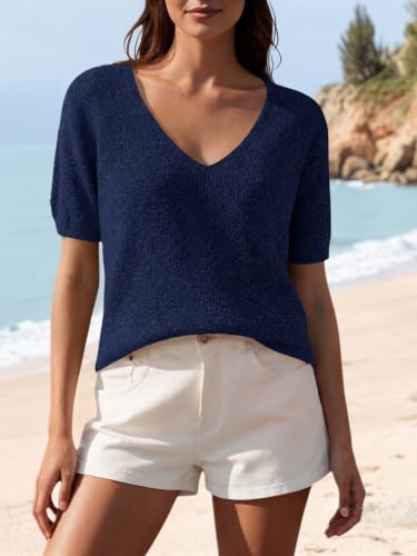 Image of Saodimallsu Womens Short Sleeve Sweater Summer V Neck Casual Tops Lightweight Loose Knit Pullover Shirts