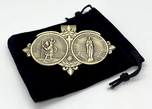 Amazing Saints Antiqued Brass Saint Christopher of The Highway Visor Clip with Black Gift Bag