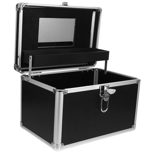 Housoutil Estuche de Maquillaje Metálico Grande con Cierre Seguro Organizador de Maquillaje Multifunción para Almacenamiento en Baño y Jardín Color Negro Caja Resistente para Cosméticos