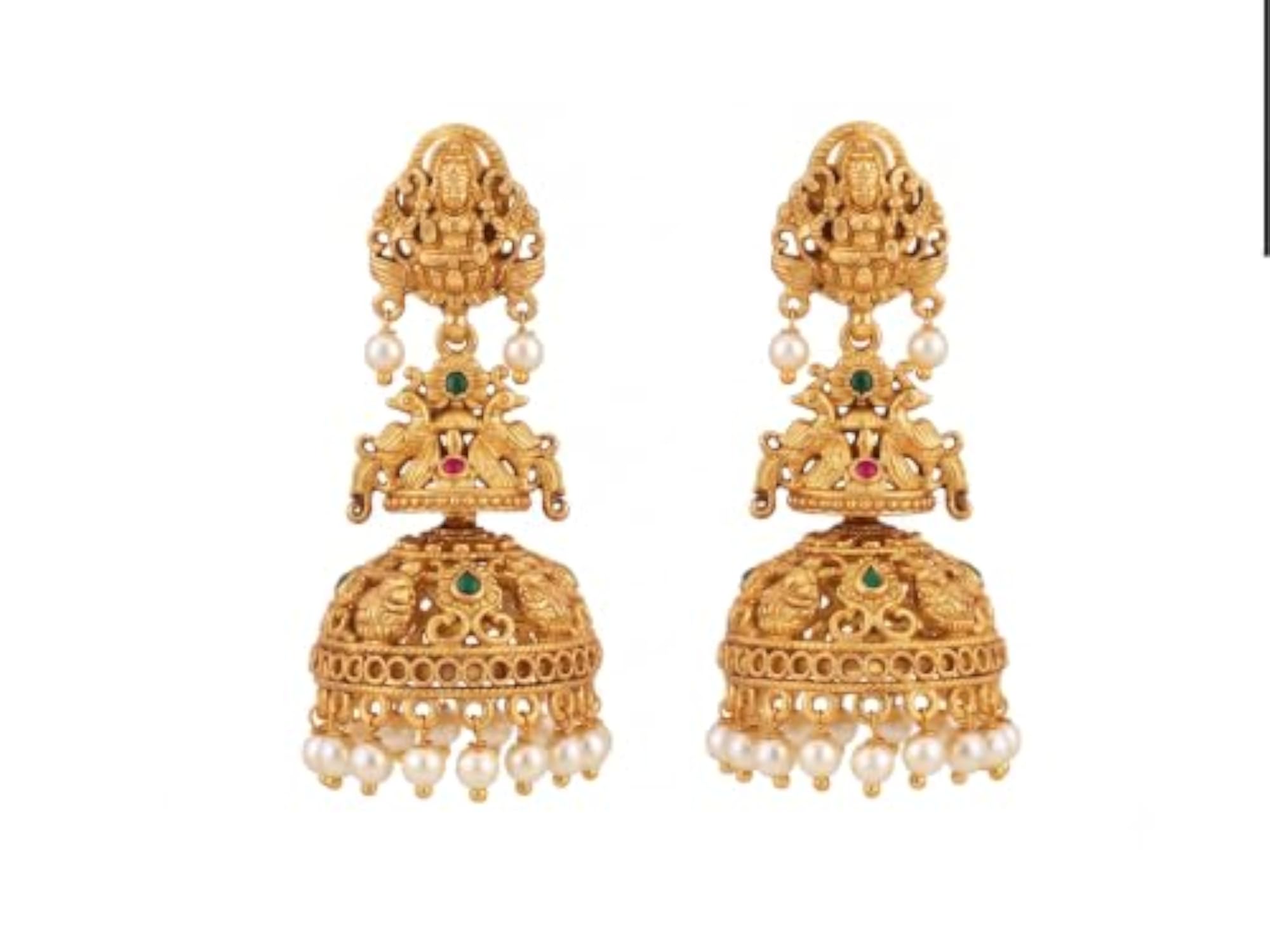 Temple Jhumka Earrings Gold-Toned with Pearl Drops