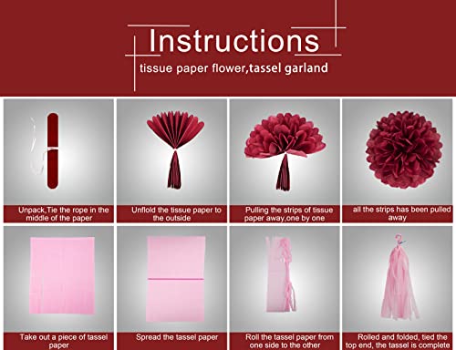 Image of Rose-Gold Pink Burgundy Party Decorations,23pcs Tissue Paper Flower Pom Poms Tassel Garland Pennant Banner Flags Streamers Women Girl Birthday Baby Bridal Shower Engagement Bachelorette Wedding Decor