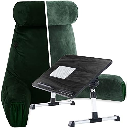 Husband Pillow Combo - Backrest Pillow with Arms : Medium Ramona Green & Lap Desk Bed Tray : XXL Grey - Aspen Memory Foam Reading Pillows for Bed w/Removable Neck Roll & Laptop Bed Tray Table
