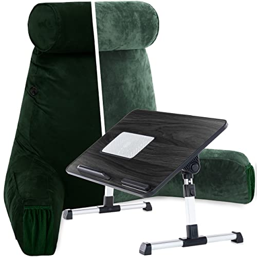 Husband Pillow Combo - Backrest Pillow With Arms : Medium Ramona Green & Lap Desk Bed Tray : Xxl Grey - Aspen Memory Foam Reading Pillows For Bed W/Removable Neck Roll & Laptop Bed Tray Table #TOP26