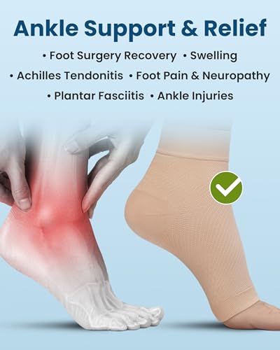 Image of KEMFORD Ankle Compression Sleeve with Cooling Effect - 1-Pair, Plantar Fasciitis Braces - Open Toe Compression Socks for Swelling, Sprain, Neuropathy, Arch Support for Men and Women - L, Arctic Beige