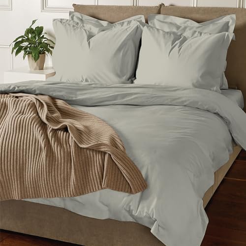 Pizuna Coton Luxueux Ensemble de Housses de Couette 200x200 cm 2 Personnes Argent, Tissu de Satin de Coton à 800 Fils au Pouce carré Housse de Couette...