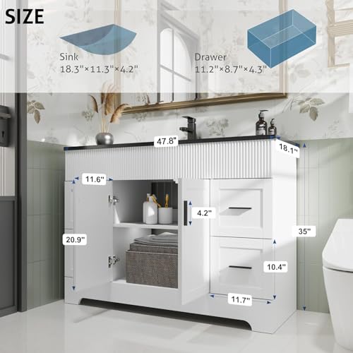 Image of eclife 48 inch Bathroom Vanities Sink Combo with Painted Surface, Modern Drawered Cabinet W /Decorative Wave Lines, Undermount Single Black Sink, Matte Black Faucet Drain, White