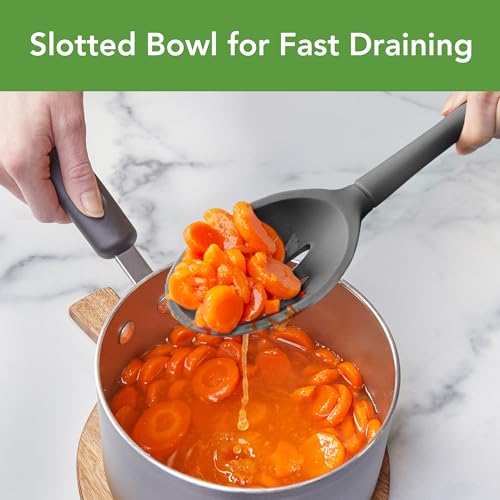Image of Tovolo Flex Core Silicone Slotted Deep Spoon for Cooking Mixing Baking, Dishwasher Safe BPA Free All Silicone Kitchen Spoon Utensil Heat Resistant Nonstick Safe Slotted Serving Spoon, Charcoal Gray