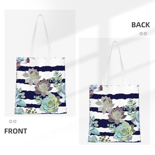 Striped Succulents Print Polyester Canvas Tote Bag, Shopping Bag With Reinforced Handles, Reusable3