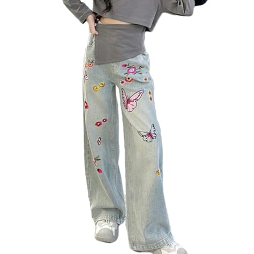 Baggy Jeans for Girls Embroidered Butterfly Floral Wide Leg Pants High Waist Elastic Cute Jeans for Girls Colorful Coquette